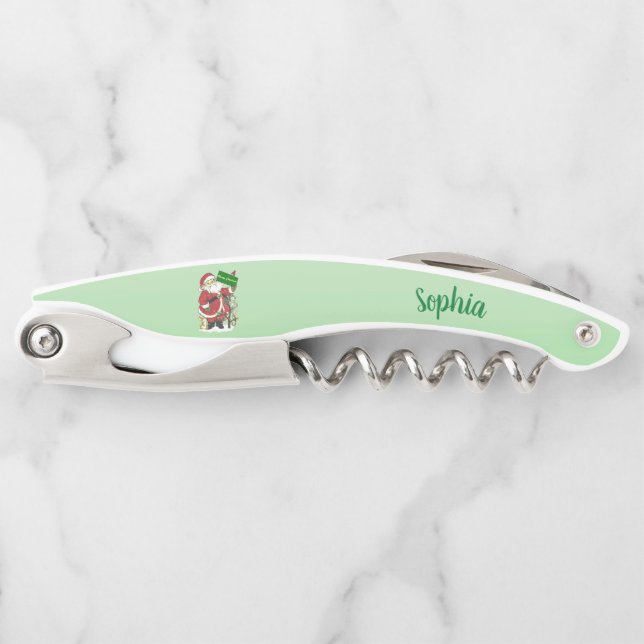 Santa Tree Animals Merry Christmas Green Corkscrew (Front)