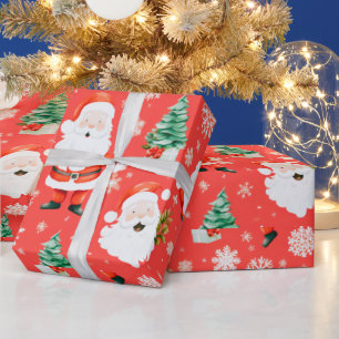 Santa Trees Snowflakes Red Christmas Wrapping Paper