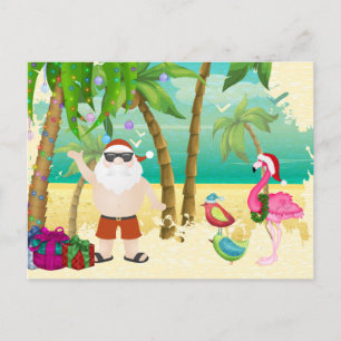 Santa, Tropical Birds, Palm Trees Beach Christmas Holiday Postcard