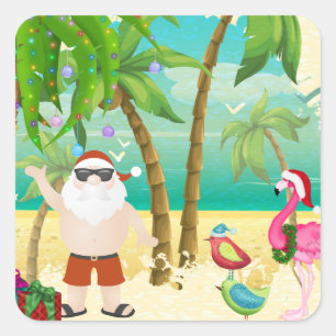 Santa, Tropical Birds, Palm Trees Beach Christmas Square Sticker