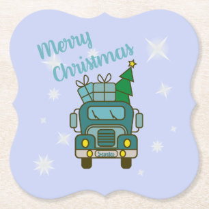 Santa truck front view Merry Christmas Paper Coaster