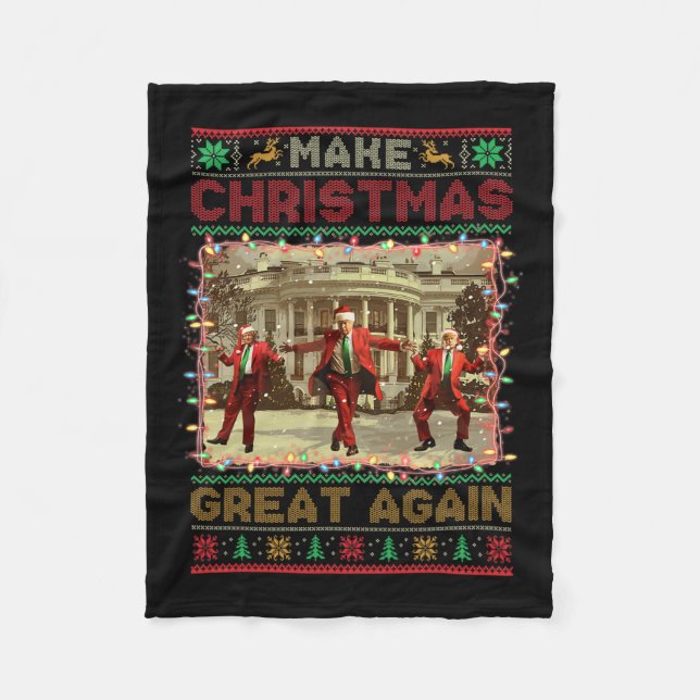 Santa Trump Dance Make Christmas Great Again Ugly  Fleece Blanket (Front)