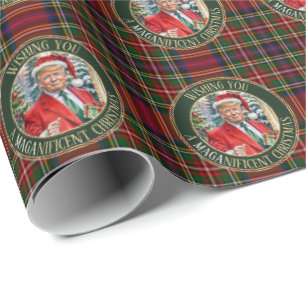 Santa Trump MAGA Christmas Tartan Plaid Wrapping Paper