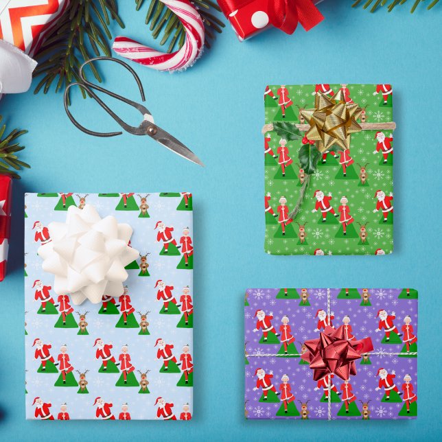 Santa Trying To Do Yoga With Mrs. Claus Pattern Wrapping Paper Sheet (Three colorful backgrounds on this Yoga Pattern Christmas design.)