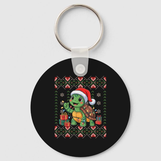 Santa Turtle Christmas Ugly Sweater Funny Holiday  Key Ring (Front)