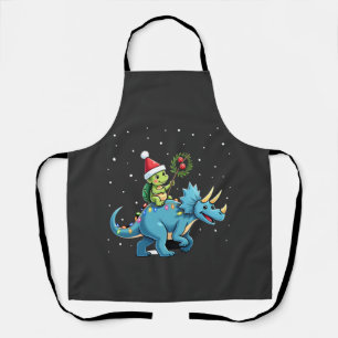 Santa Turtle Riding T-Rex Reindeer Christmas Light Apron