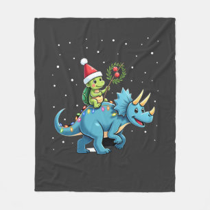 Santa Turtle Riding T-Rex Reindeer Christmas Light Fleece Blanket