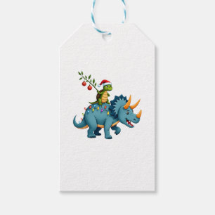 Santa Turtle Riding T-Rex Reindeer Christmas Light Gift Tags