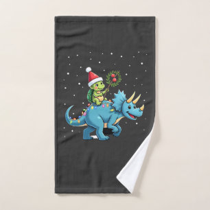 Santa Turtle Riding T-Rex Reindeer Christmas Light Hand Towel