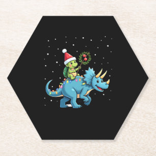 Santa Turtle Riding T-Rex Reindeer Christmas Light Paper Coaster