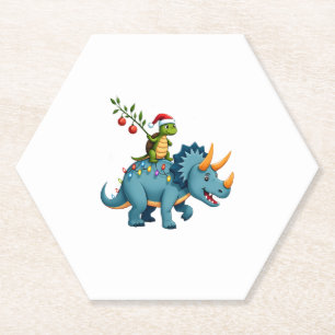 Santa Turtle Riding T-Rex Reindeer Christmas Light Paper Coaster