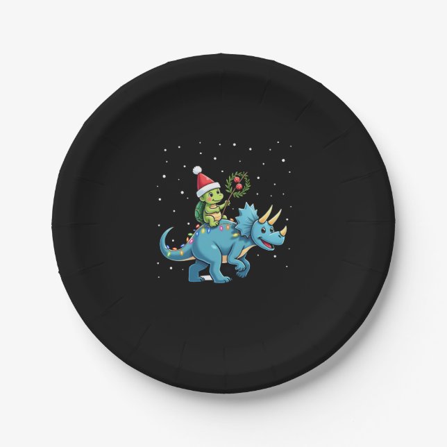 Santa Turtle Riding T-Rex Reindeer Christmas Light Paper Plate (Front)
