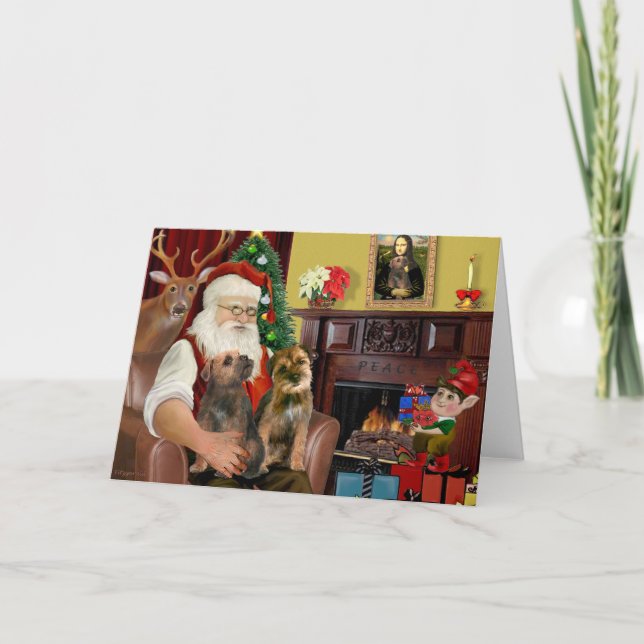 Santa - Two Border Terriers Holiday Card (Front)