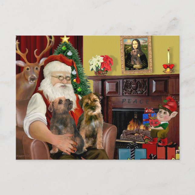 Santa - Two Border Terriers Holiday Postcard (Front)