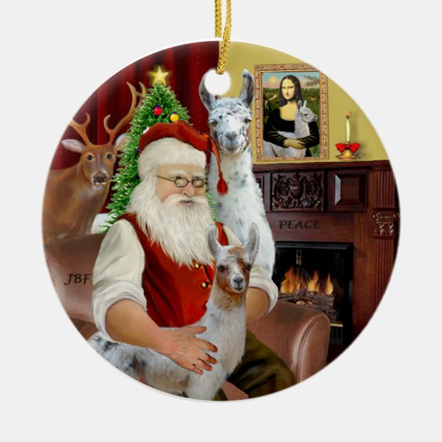 Santa - Two Llamas (Mum+baby) Ceramic Tree Decoration (Front)