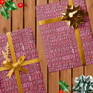 Santa Typography Burgundy Red Cute Add Childs Name Wrapping Paper
