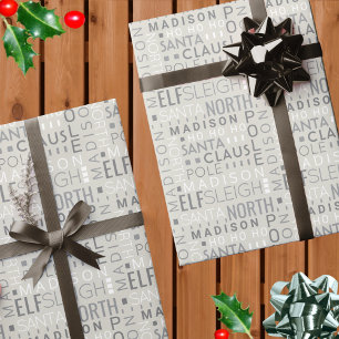 Santa Typography Chic Grey Cute Add Childs Name Wrapping Paper
