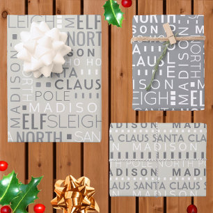Santa Typography Chic Grey Kids Name Christmas Wrapping Paper Sheet