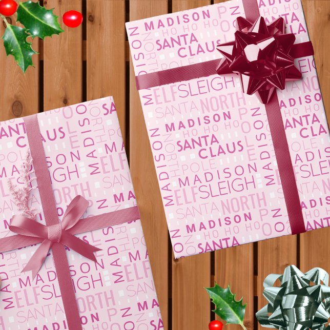 Santa Typography Chic Pink Cute Add Childs Name Wrapping Paper (Add your child's name to this personalized chic pink Santa typography Christmas wrapping paper)