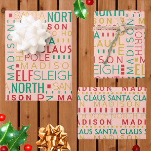 Santa Typography Red Green Kids Name Christmas Wrapping Paper Sheet