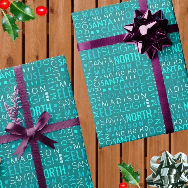 Santa Typography Teal Blue Cute Add Childs Name Wrapping Paper (This cute teal blue Santa typography Christmas wrapping paper is easy to personalize)