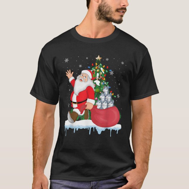 Santa Ugly Christmas Tree Lights Wolf Animal  T-Shirt (Front)