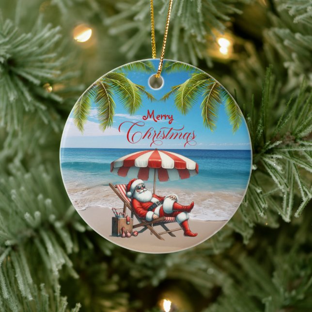 Santa under a Beach Umbrella Christmas Ceramic Tree Decoration (Tree)