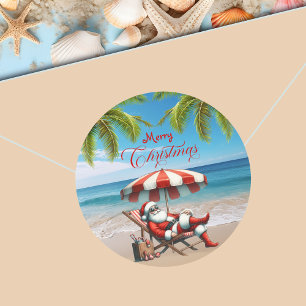 Santa under a Beach Umbrella Christmas Classic Round Sticker