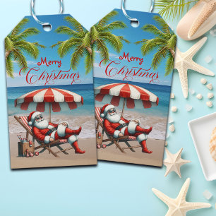Santa under a Beach Umbrella Christmas Gift Tags
