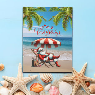 Santa under a Beach Umbrella Christmas Holiday Postcard