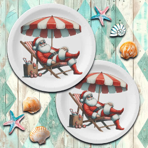 Santa under a Beach Umbrella Christmas Paper Plate