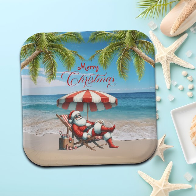 Santa under a Beach Umbrella Christmas Paper Plate (Creator Uploaded)