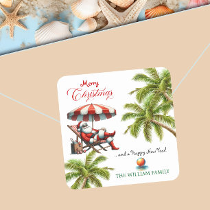 Santa under a Beach Umbrella Christmas Square Sticker