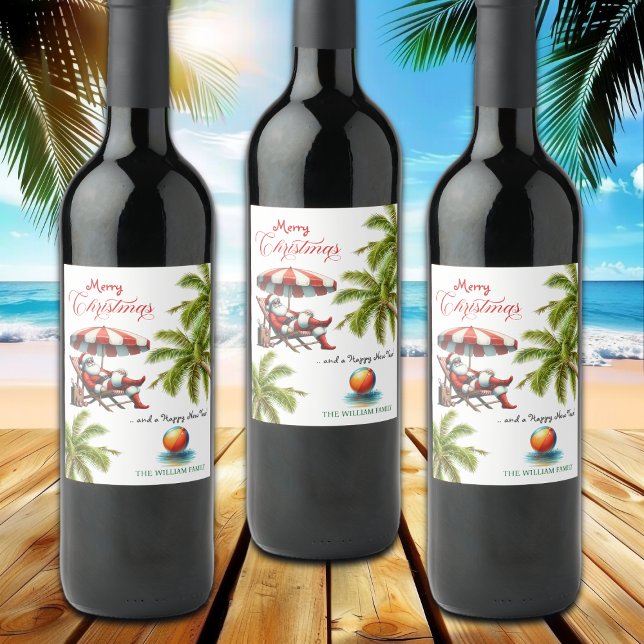 Santa under a Beach Umbrella Christmas Wine Label (Creator Uploaded)