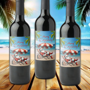 Santa under a Beach Umbrella Christmas Wine Label
