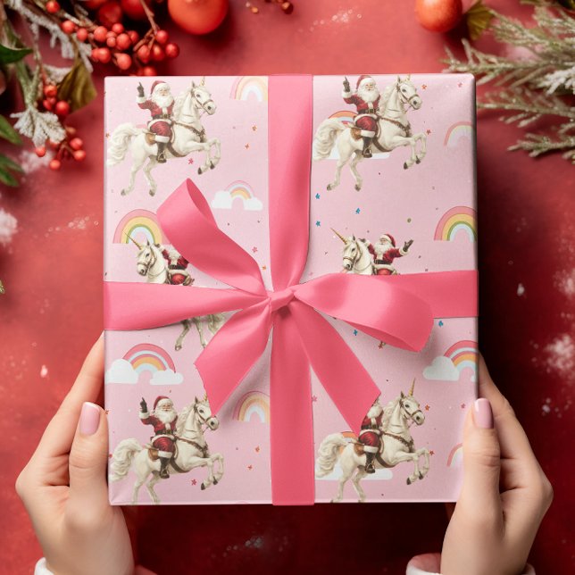 Santa & Unicorn Christmas Holiday Pink Rainbows Wrapping Paper (Creator Uploaded)