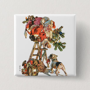 Santa Up a Ladder 15 Cm Square Badge