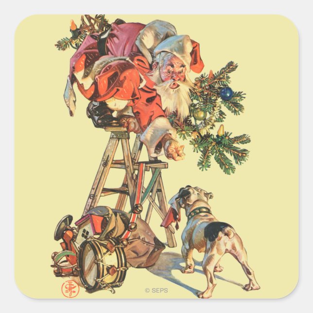 Santa Up a Ladder Square Sticker (Front)