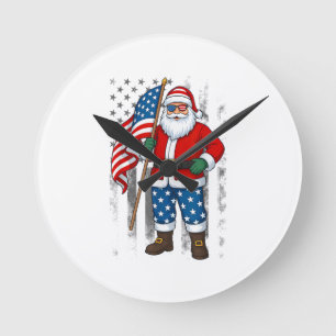 Santa USA American Flag Christmas In July Happy 4t Round Clock