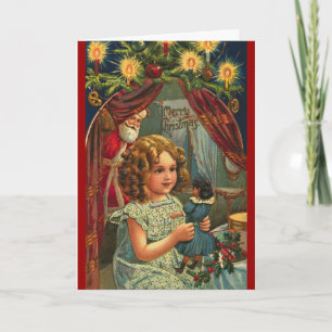 Santa, Victorian child and doll Christmas card