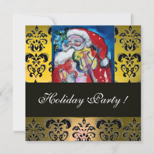 SANTA & VIOLIN YELLOW BLACK DAMASK MONOGRAM Ruby Invitation