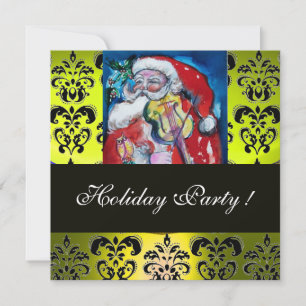 SANTA & VIOLIN YELLOW BLACK DAMASK MONOGRAM Ruby Invitation