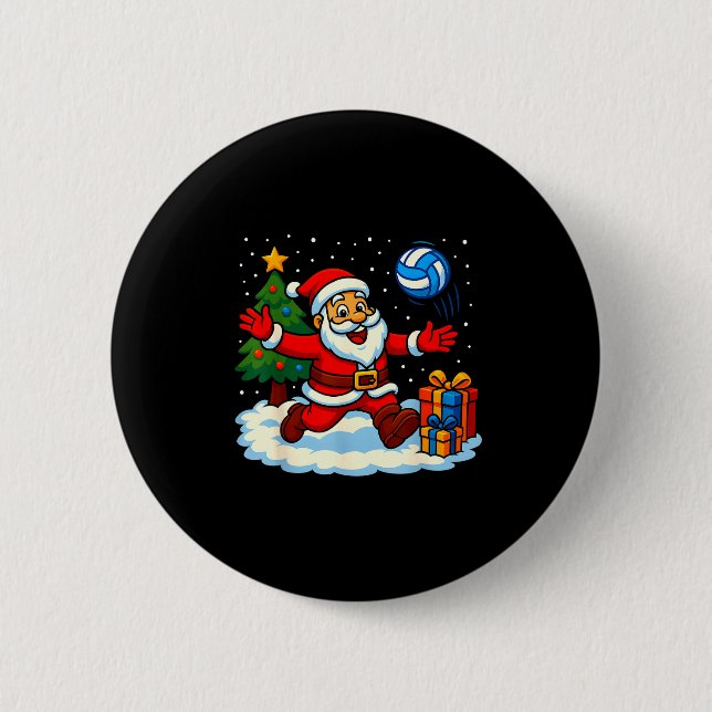 Santa Volleyball Playing Srt Christmas Tree Xmas P 6 Cm Round Badge (Front)