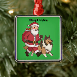 Santa walking a Collie dog Christmas Ornament