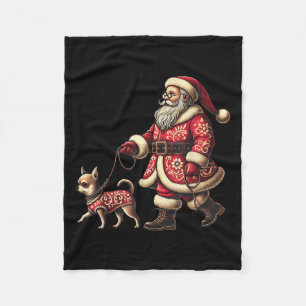 Santa Walking Chihuahua Christmas Dog Lover Xmas M Fleece Blanket