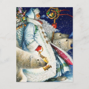 Santa Walking With Polar Bears Holiday Postcard