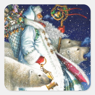 Santa Walking With Polar Bears Square Sticker