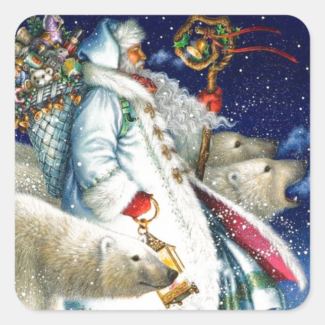 Santa Walking With Polar Bears Square Sticker (Front)