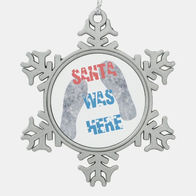 Santa Was Here Snowflake Pewter Christmas Ornament (Front)
