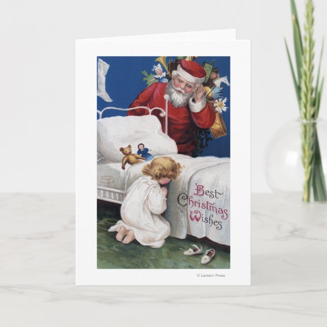 Santa watching Girl Praying Holiday Card (Front)